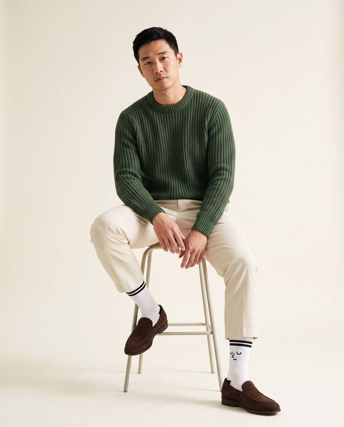 Worn: the White pair with a green knit and brown loafers.