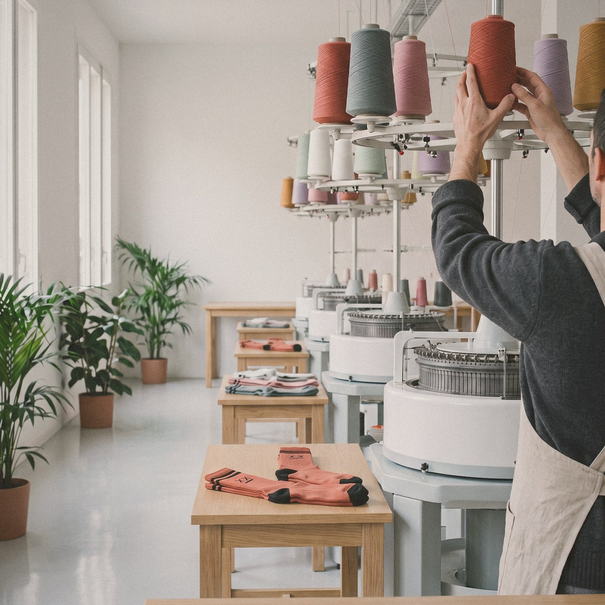 A knitter loads yarn cones onto circular sock-knitting machines in the MUNT atelier, Barcelona
