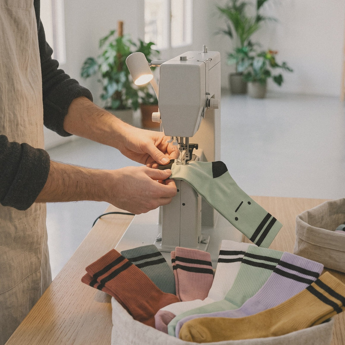 Hands closing the toe seam of a MUNT sock by machine, the seven colors in a linen basket below